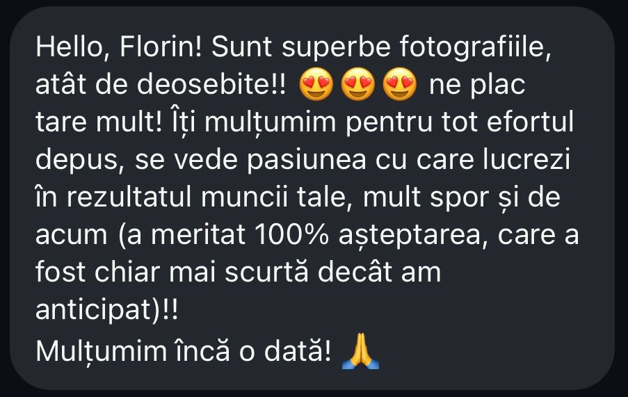 Positive Romanian client review message praising photographer Florin's exceptional photography skills.