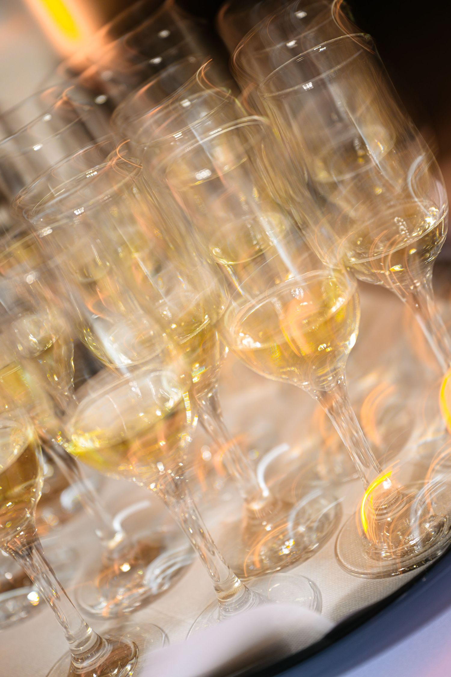 Multiple elegant champagne flutes filled with golden white wine arranged on a tray at a formal event.