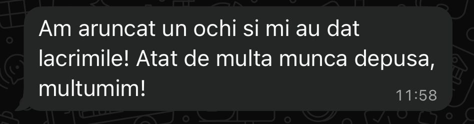 Romanian text message expressing emotional reaction to photos praising the hard work put in.