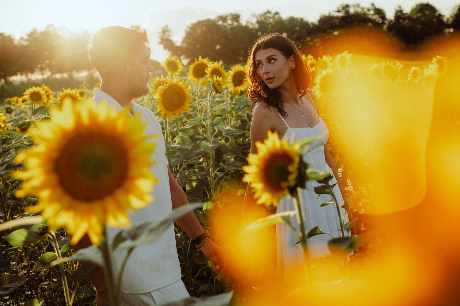 Romantic couple holding hands in golden sunflower field at sunset.
