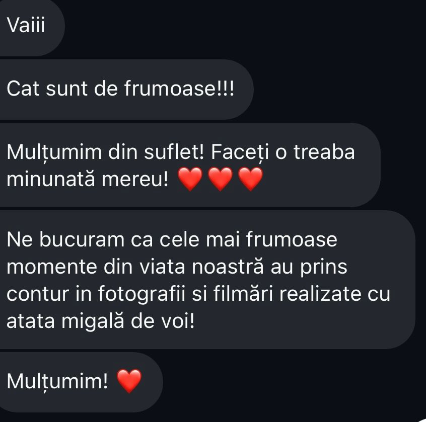 Romanian client review thanking photographers for beautifully capturing life's most precious moments.