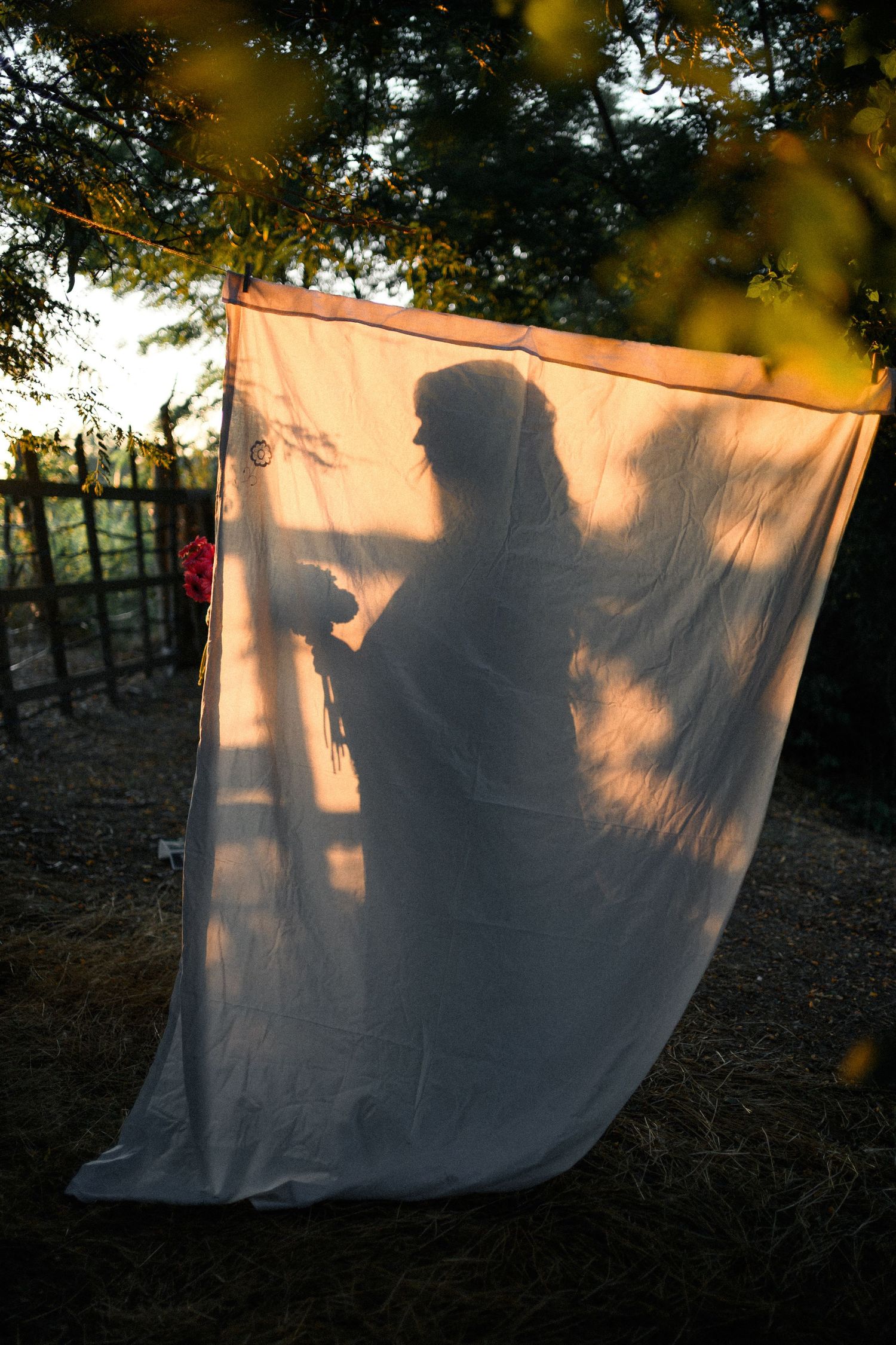 Silhouette of a bride in wedding dress projected on a white sheet hanging outdoors at golden hour.