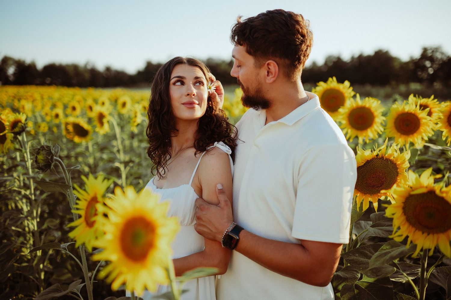 Romantic couple holding each other in a vibrant sunflower field under a clear blue sky.