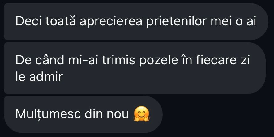 Romanian chat messages admiring wedding photos shared daily with gratitude emoji.