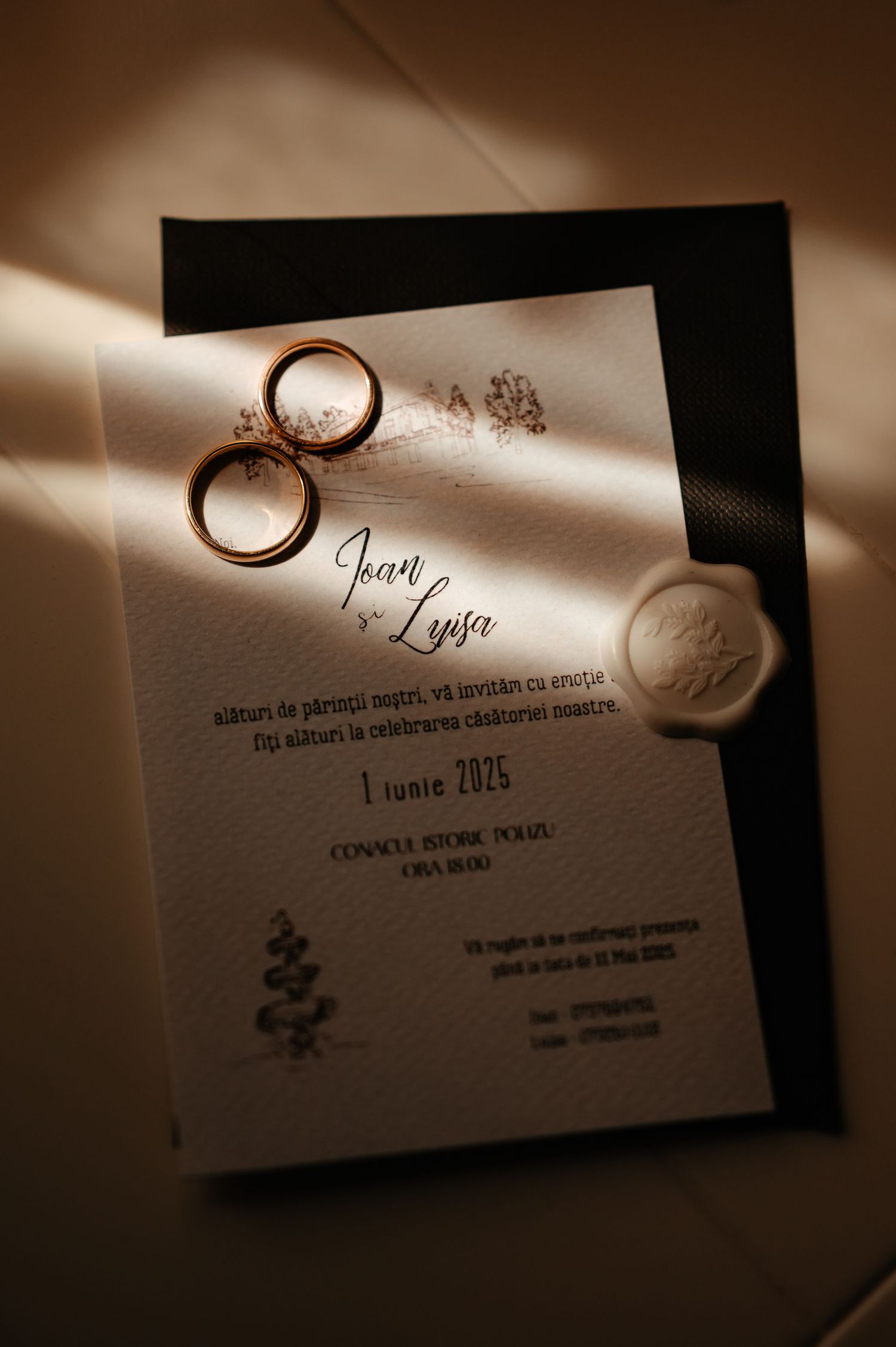 Elegant wedding invitation for Joan and Lysa dated June 1, 2025, with gold rings and wax seal on dark envelope.