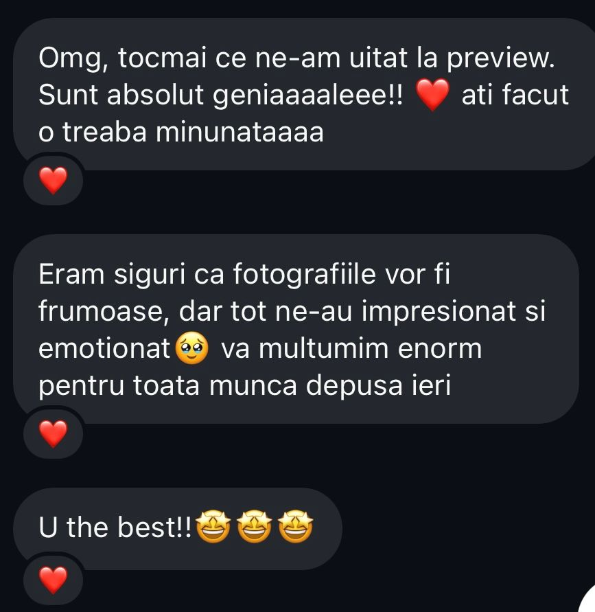 Romanian client testimonial messages expressing amazement at wedding photo previews.