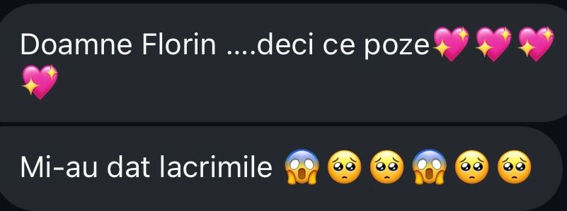 Romanian text message expressing emotional reaction to photos with crying emojis.