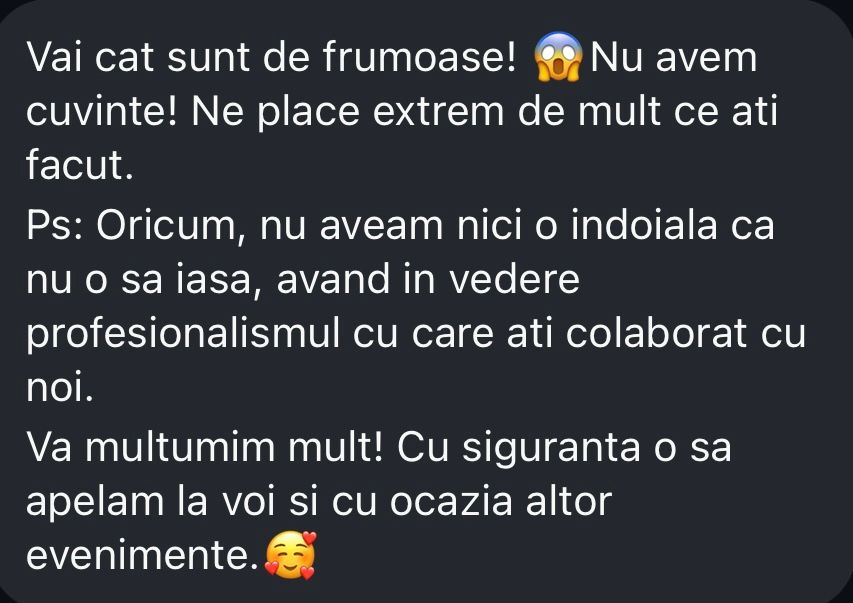 Romanian client testimonial praising photography work and professionalism with heart emoji.