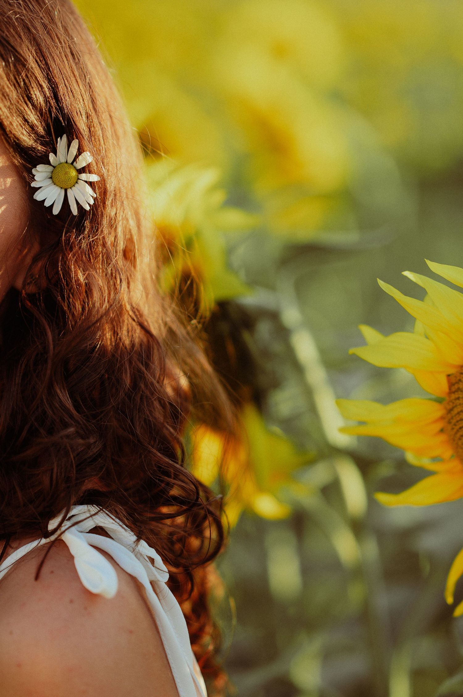Close-up of woman with curly hair and daisy flower accessory standing in a sunflower field.