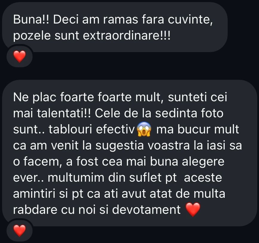 Romanian client review calling photos extraordinary and comparing them to paintings with gratitude.