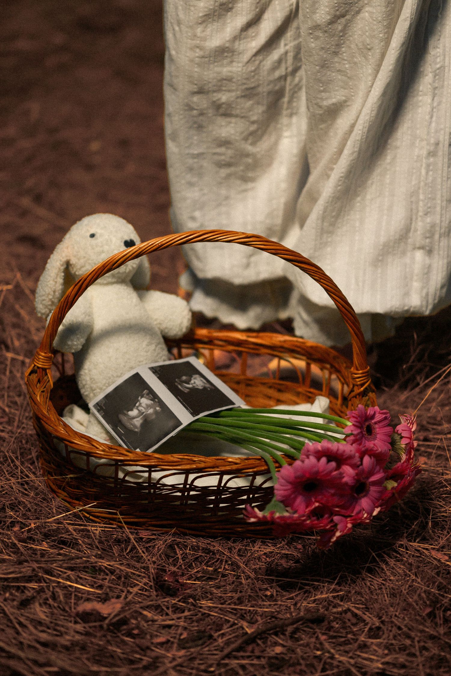 Wicker basket with ultrasound photos, white stuffed bunny, and pink gerbera daisies on mulch ground.
