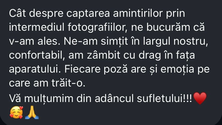 Romanian testimonial about wedding photography capturing emotions and memories comfortably.