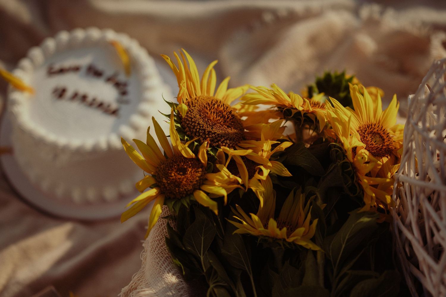 Vibrant yellow sunflowers bouquet beside a white Save the Date cake on silk fabric.