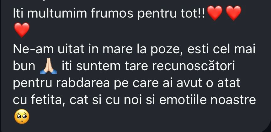 Romanian thank you message praising photographer as the best and appreciating patience shown.