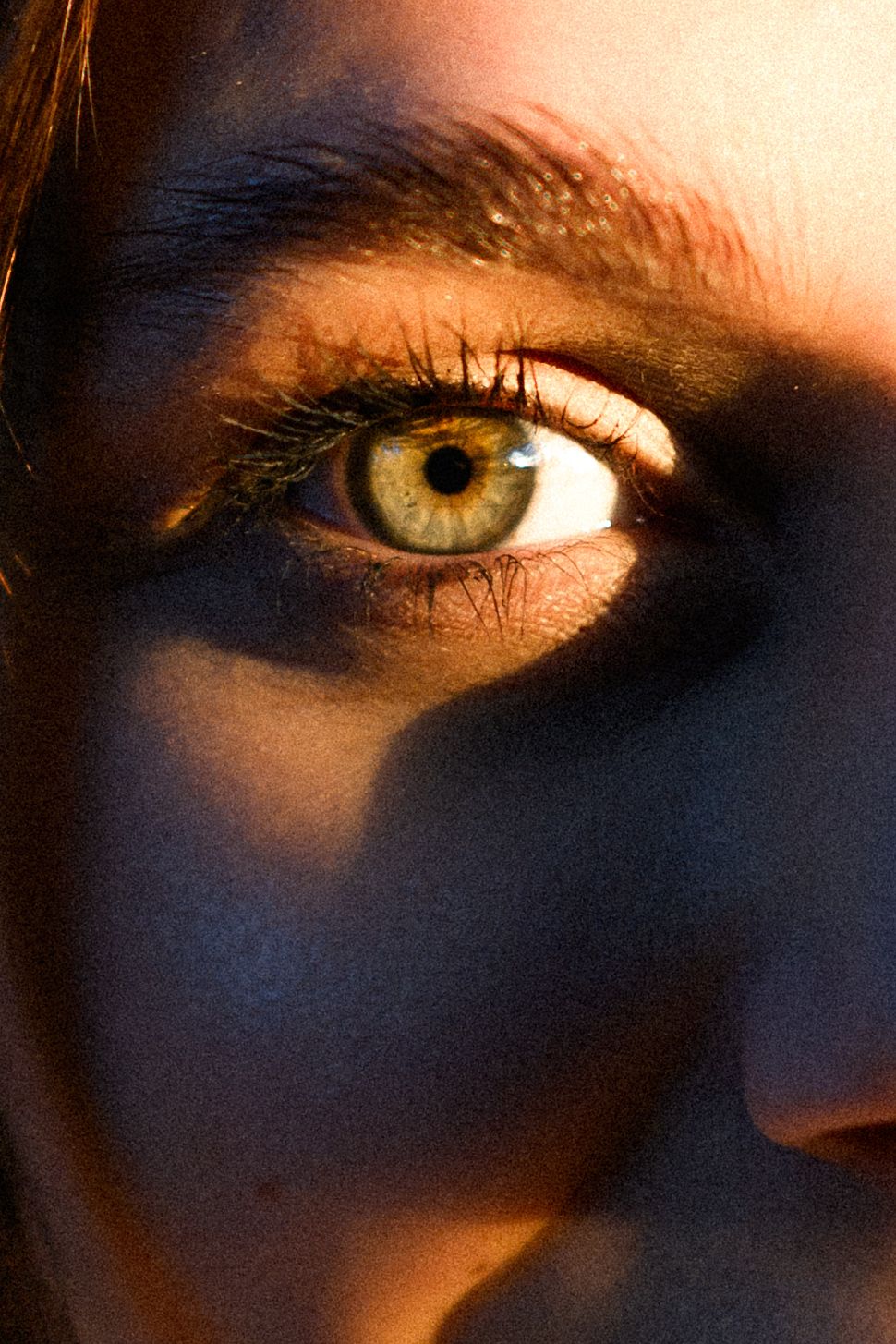 Close-up of a hazel eye with dramatic shadows and warm lighting on a woman's face.