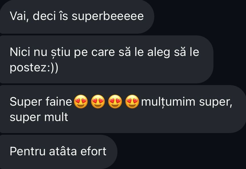 Romanian language positive client feedback message praising beautiful photos and expressing deep gratitude.