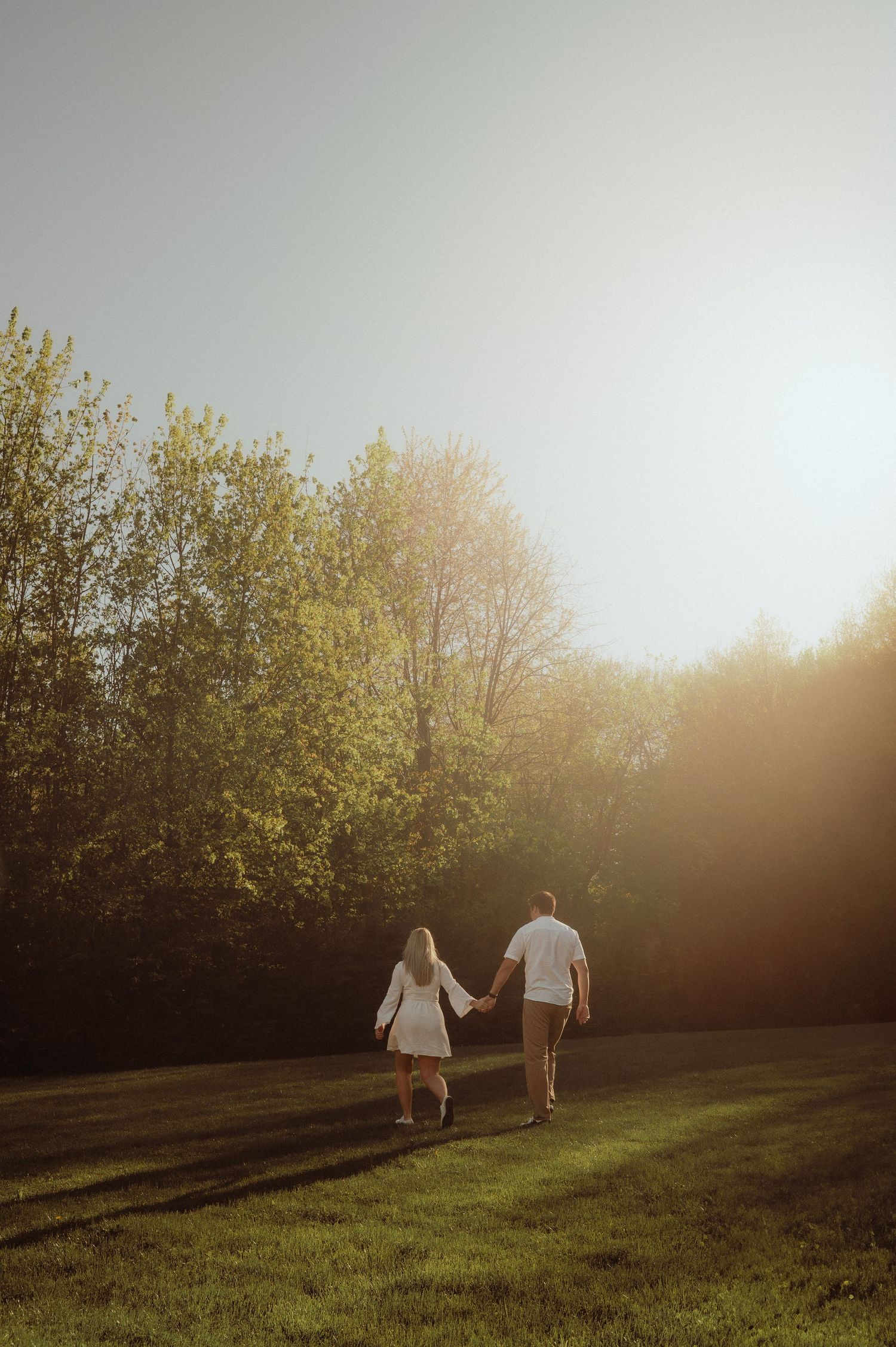 Couple holding hands walking through sunlit green meadow with trees in background.