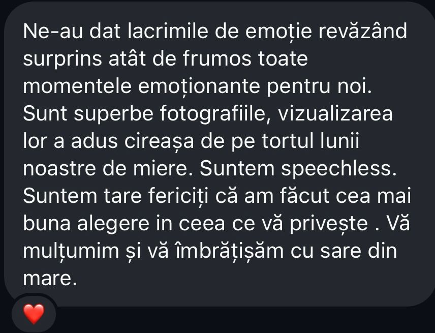 Romanian heartfelt review praising wedding photography as the cherry on top of their honeymoon.