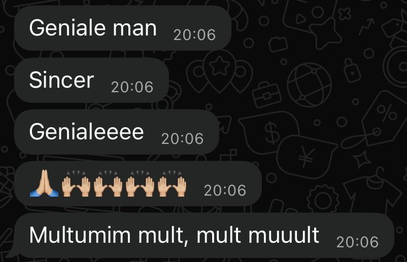 Romanian chat messages expressing admiration with words like genial and multiple thank yous.