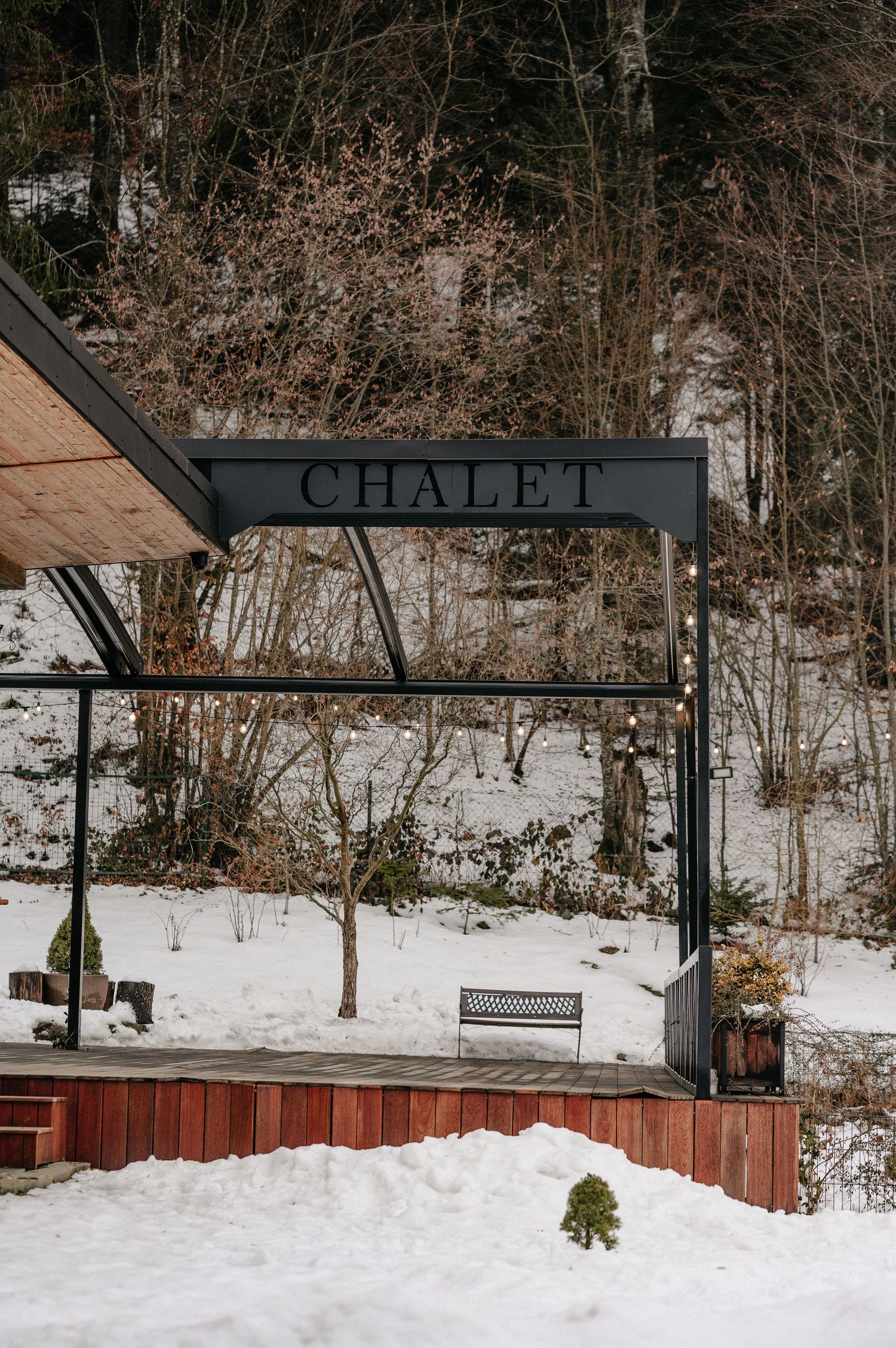 Chalet sign with string lights in a snowy winter landscape with bare trees and red wood paneling.