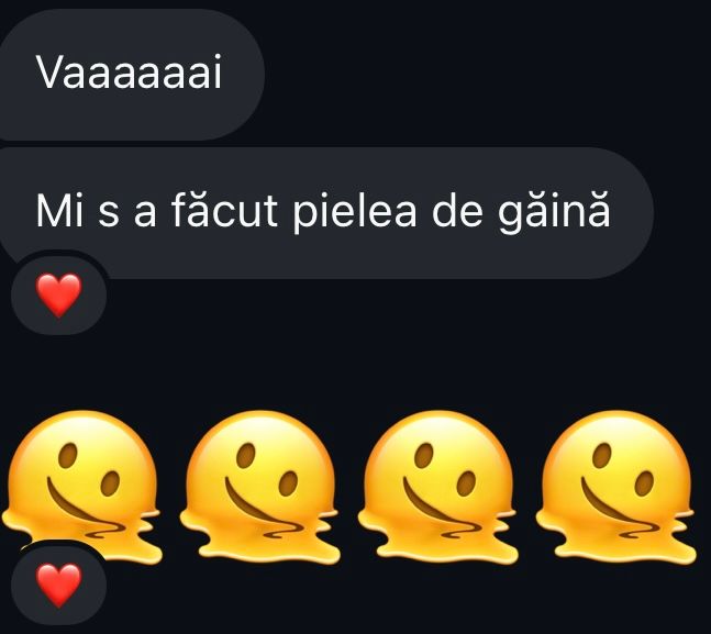Romanian chat reaction to stunning wedding photos causing goosebumps with melting face emojis.