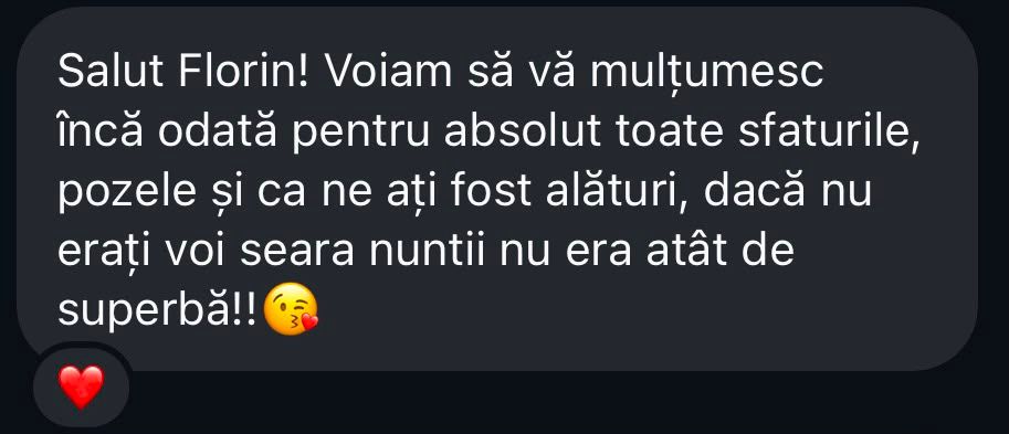 A Romanian text message thanking Florin for advice, photos, and support, saying the wedding evening was superb.