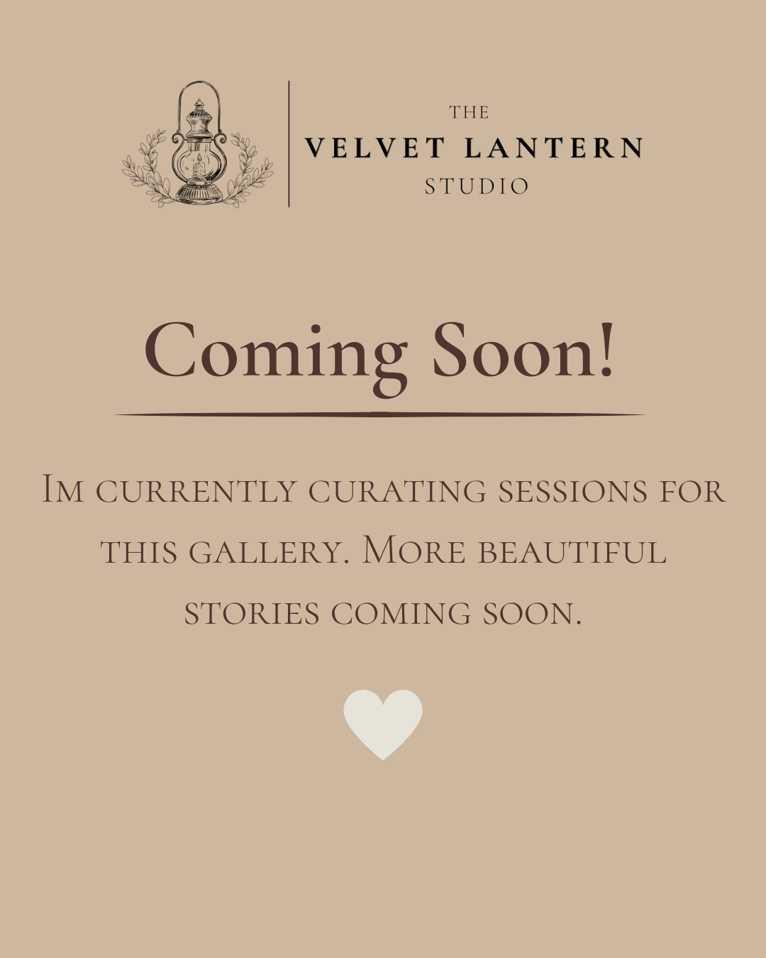 The Velvet Lantern Studio coming soon page with a heart icon on a warm beige background.