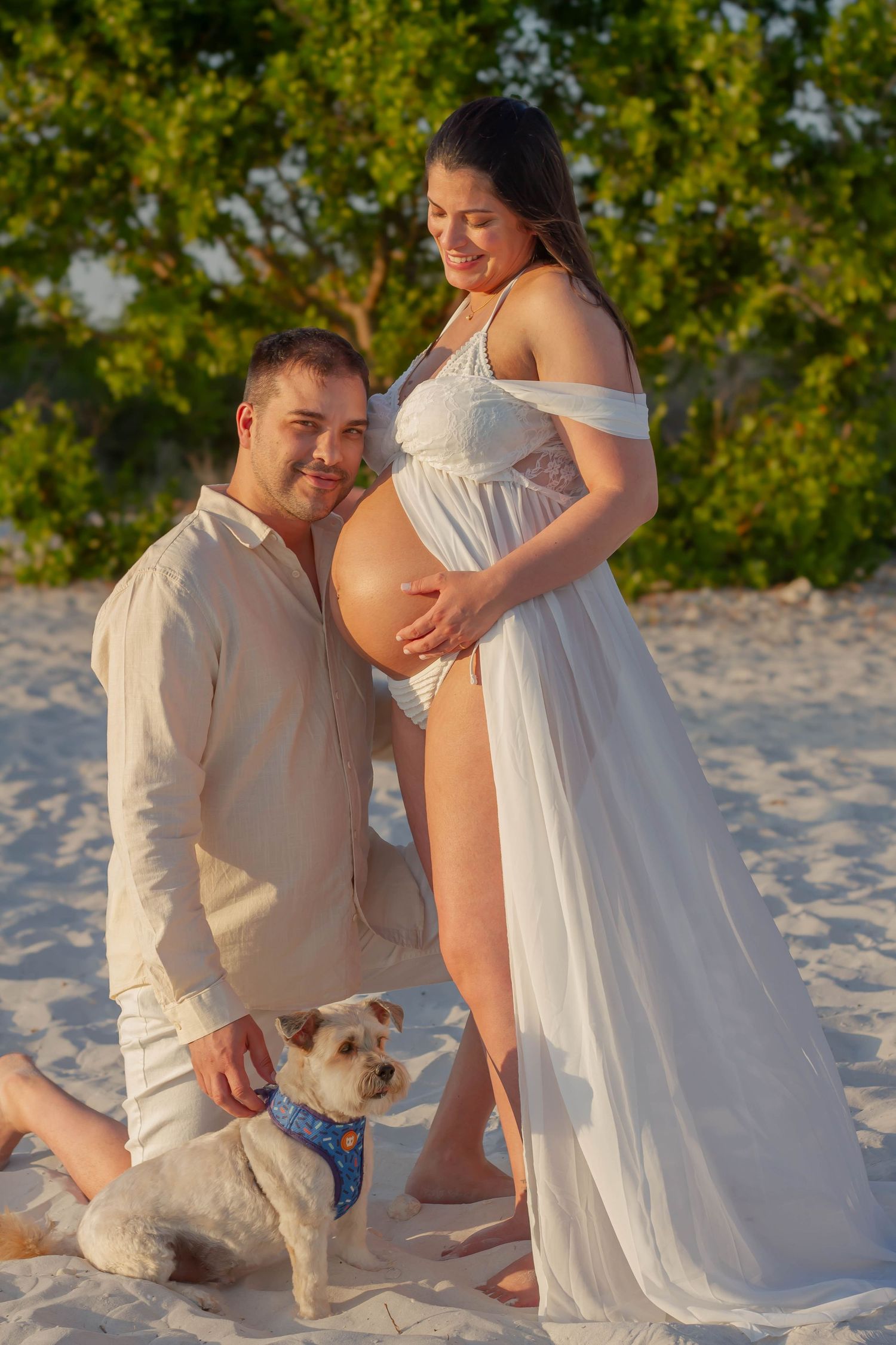 Happy couple with small white dog poses on sandy beach, man kneeling beside pregnant woman in white dress.