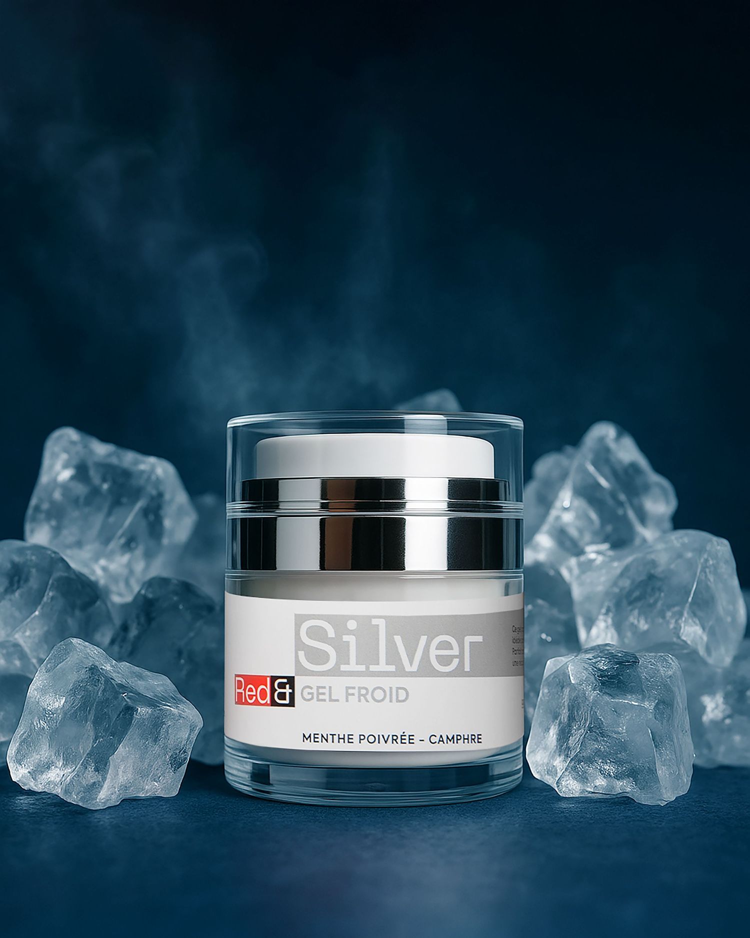 Silver cooling gel jar by Red and Silver surrounded by ice cubes on dark blue background.