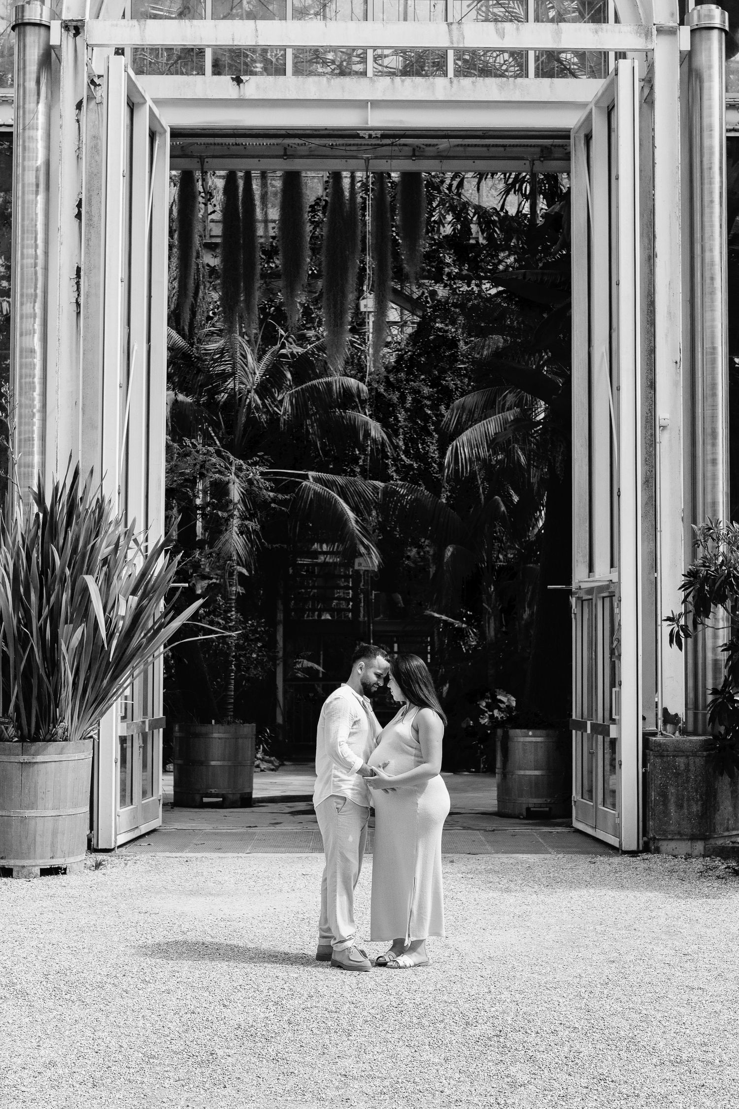 Black and white photo of a pregnant couple embracing in a grand greenhouse doorway.