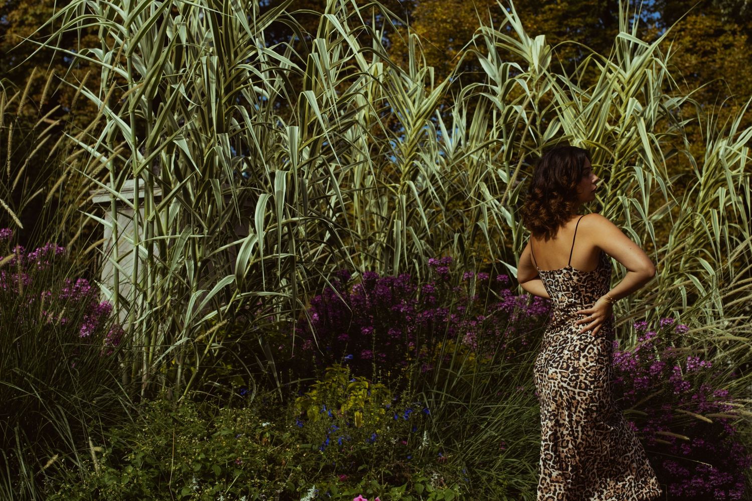 Woman in leopard print dress standing with back turned among tall grasses and wildflowers.