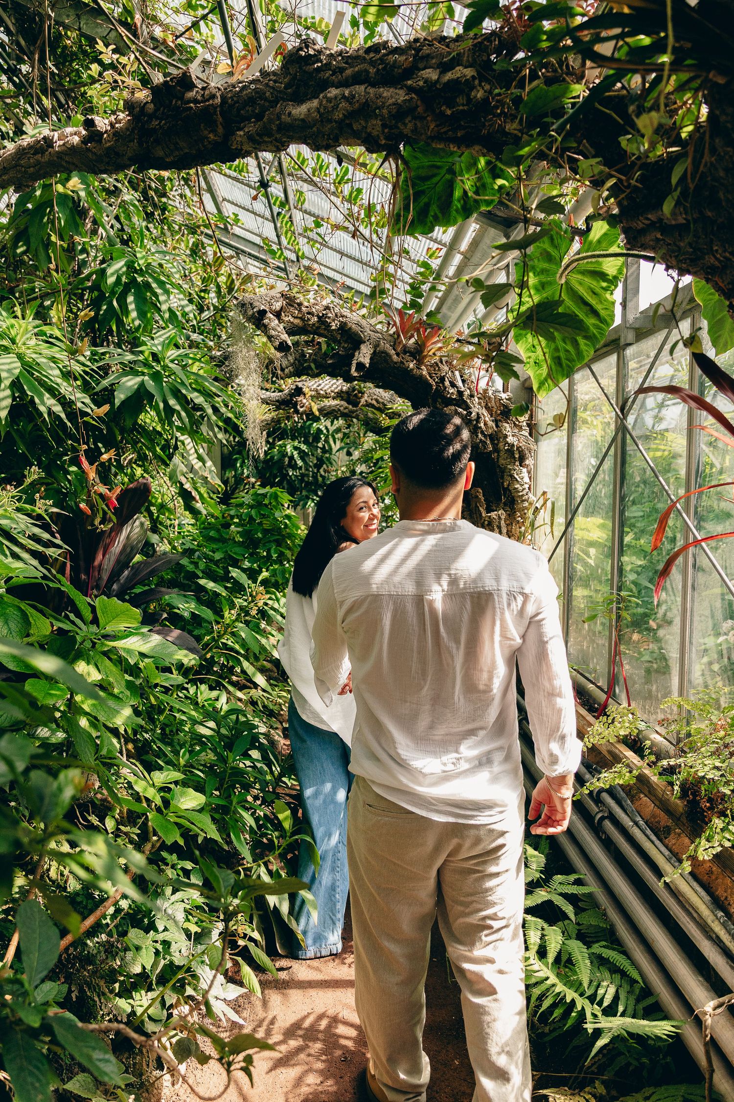 Couple walking through lush tropical greenhouse with pregnant woman smiling during maternity session.