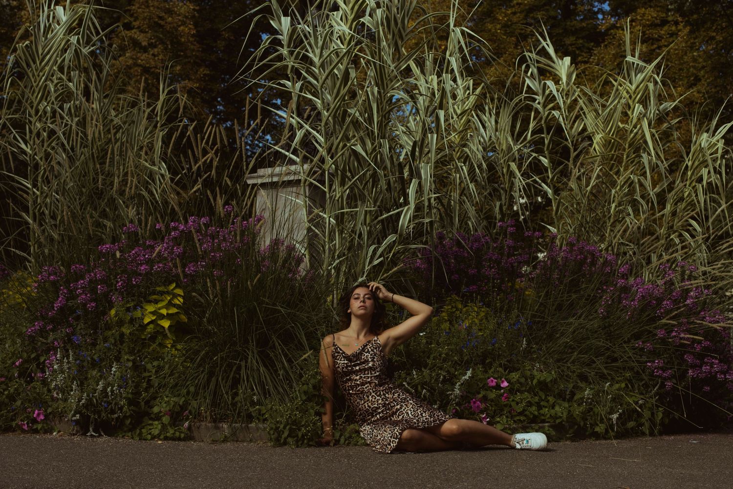 Woman in leopard print dress sitting on ground surrounded by tall ornamental grasses and purple flowers.