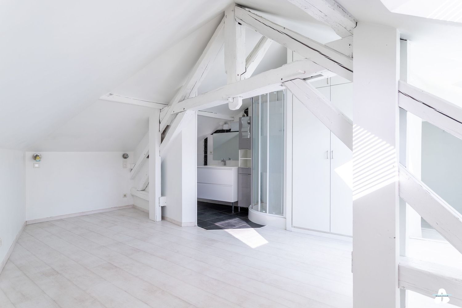 Spacious white attic room with exposed wooden beams and modern bathroom visible through glass door.