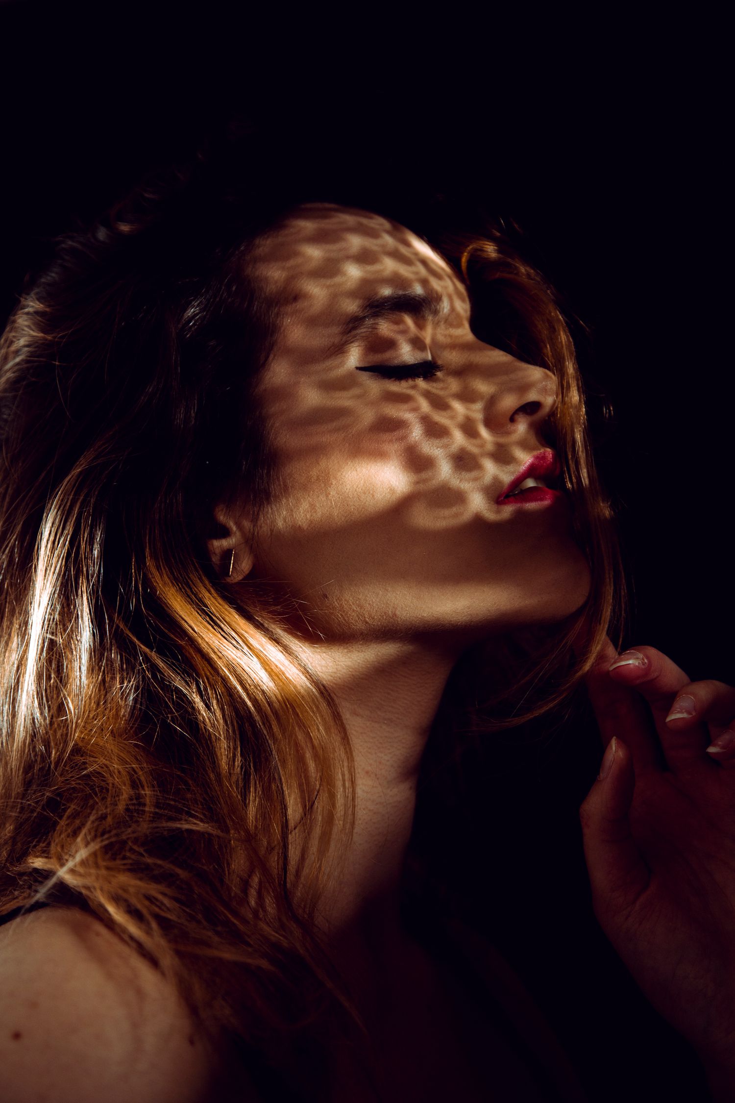 Warm-toned artistic portrait of a woman with closed eyes and dappled shadow pattern on face, dark background.