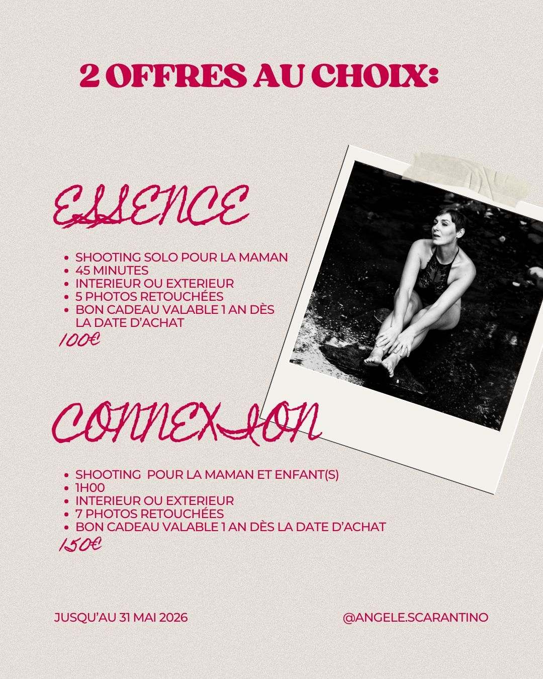 Prospectus promotionnel de photographie française proposant deux formules de séance photo mère-enfant, Essence 100€ et Connexion 150€