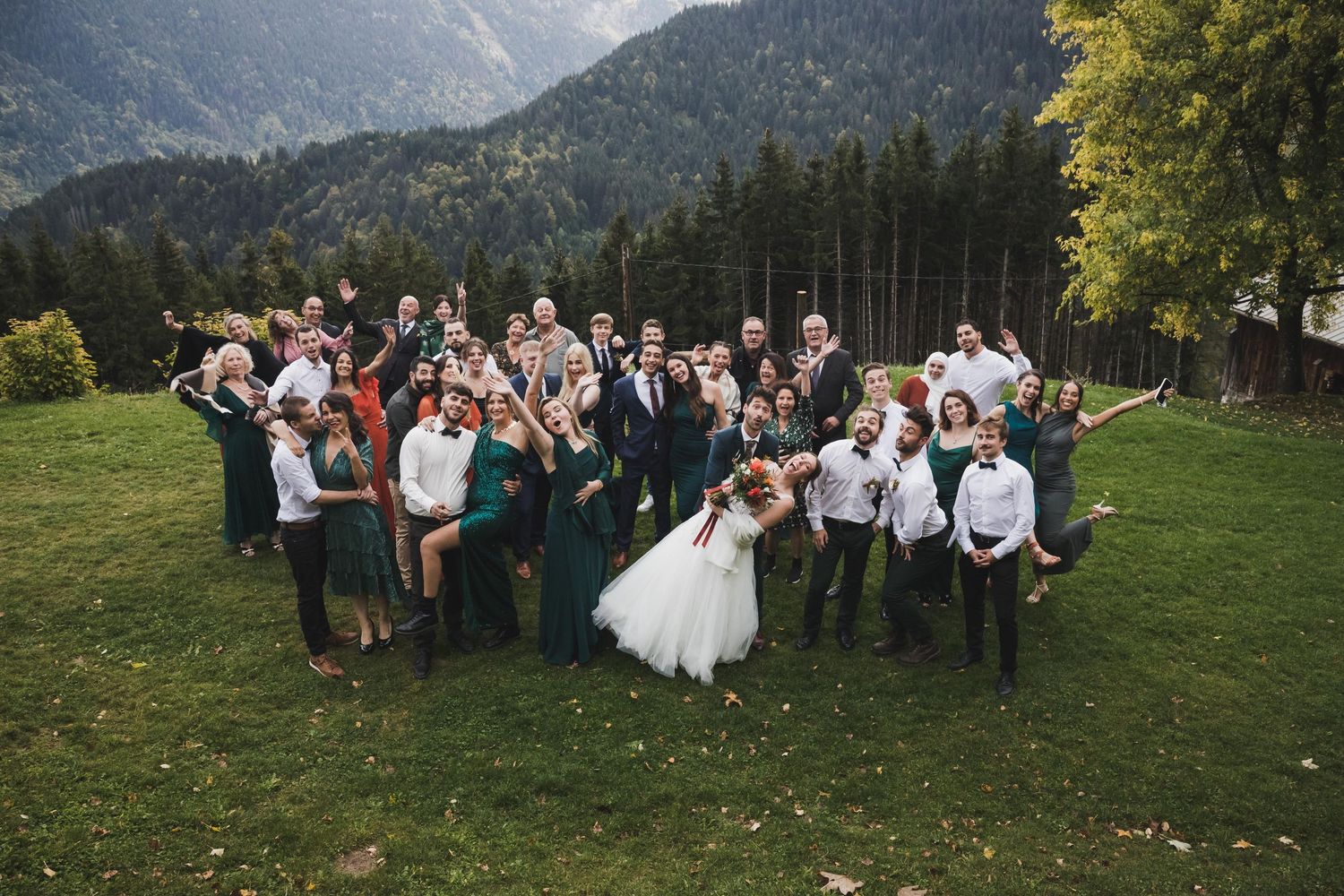 Wedding party group photo on green mountain meadow with stunning Alpine scenery backdrop.