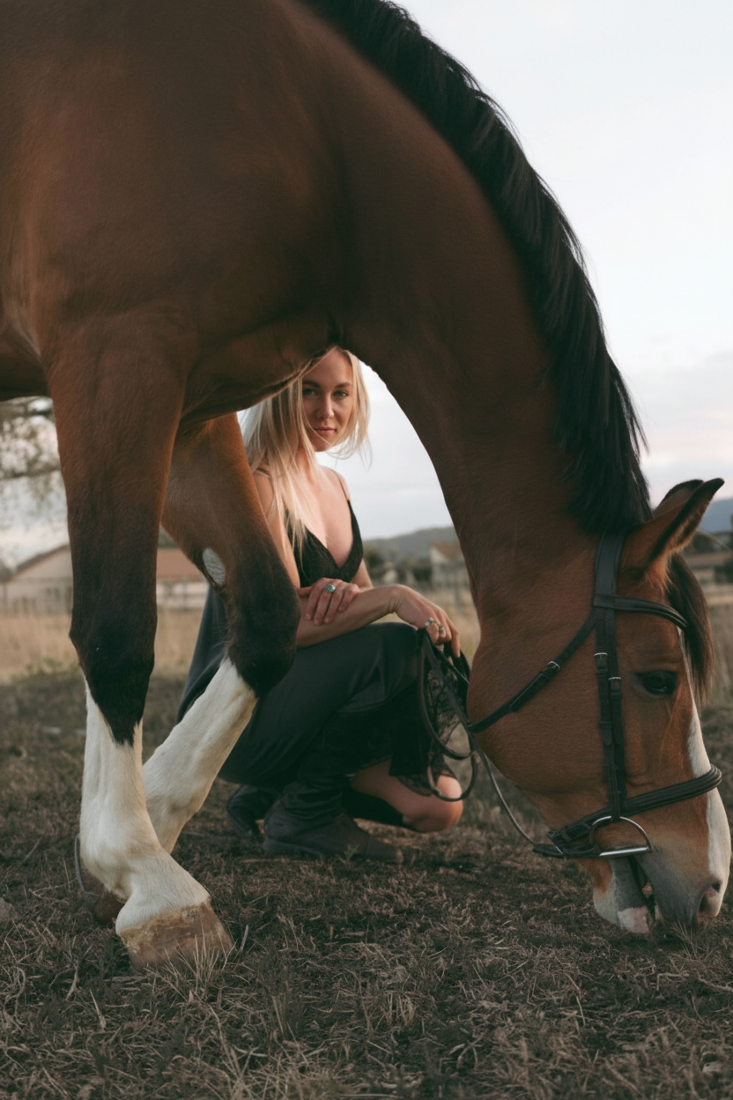 Artsy photo of woman with her horse in open field in northern colorado