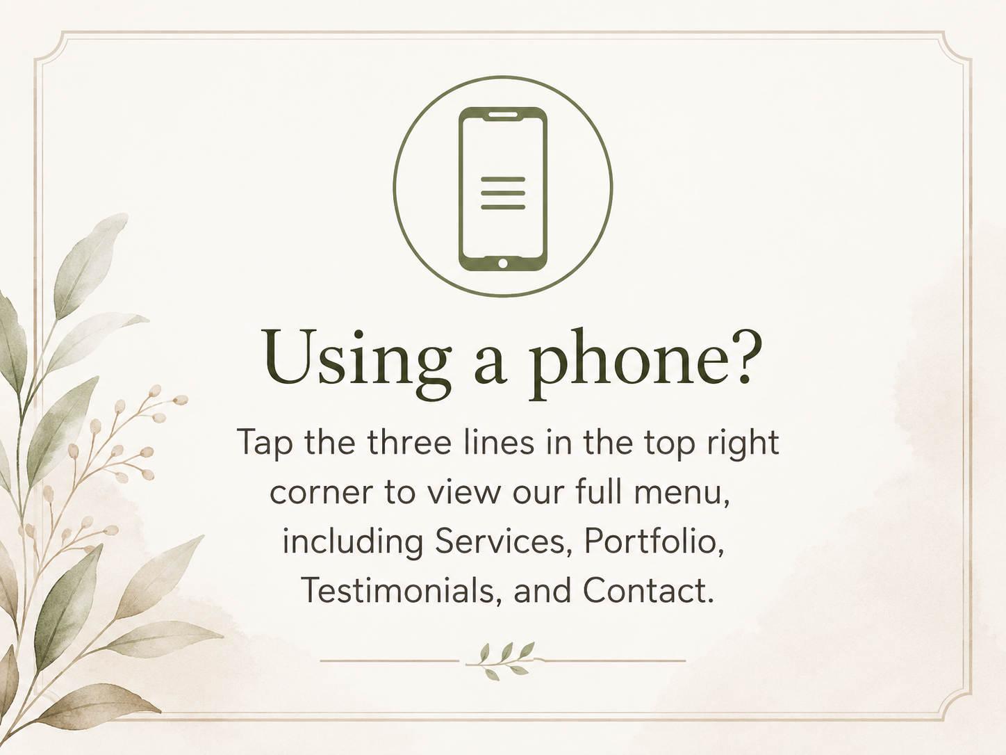A decorative card with botanical illustrations instructing phone users to tap the three lines in the top right corner to view the full menu.
