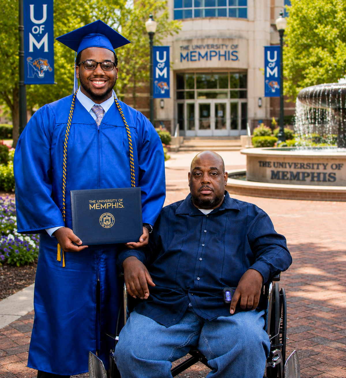 University of Memphis graduate in blue cap and gown posing with man in wheelchair on campus.