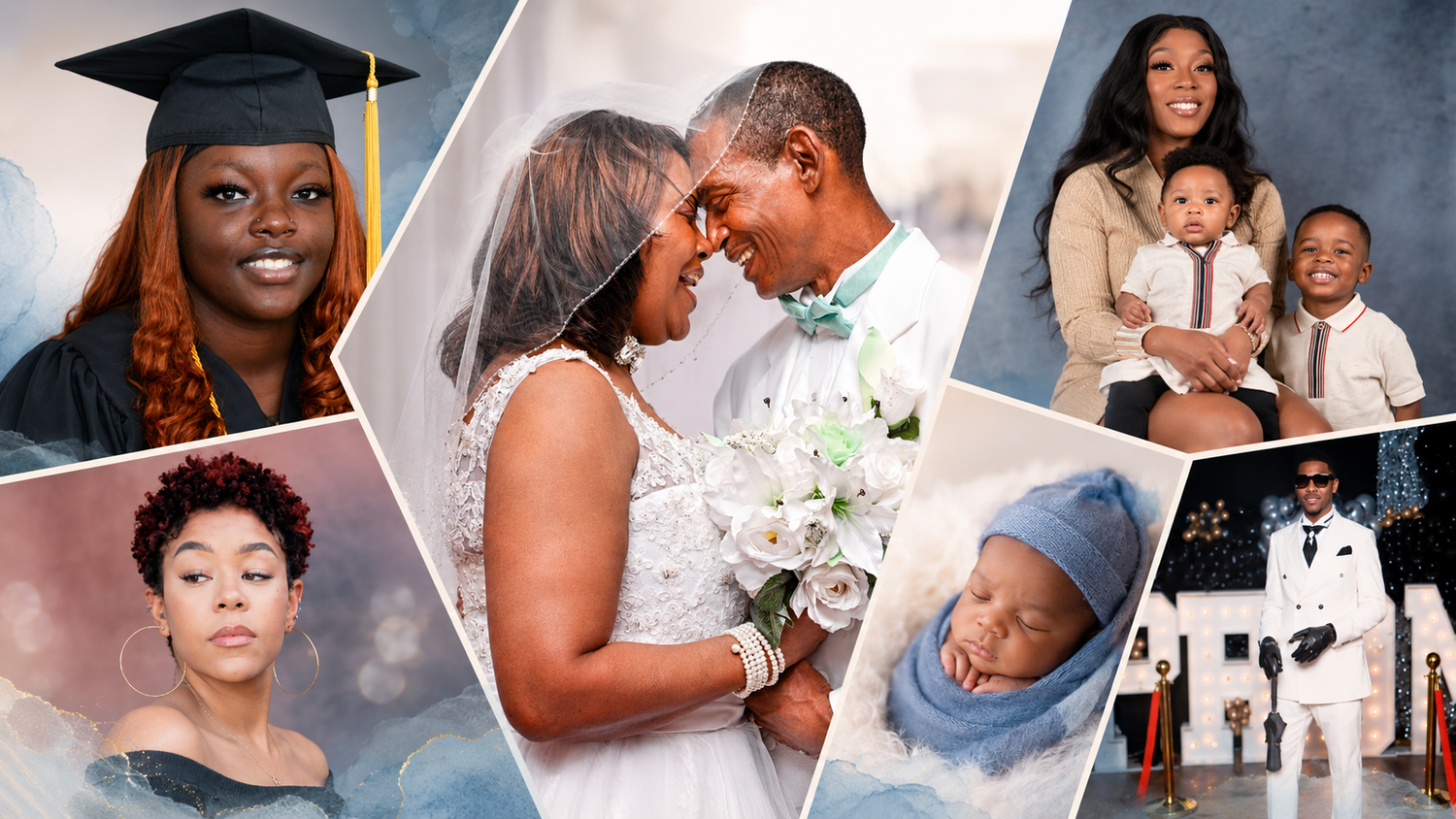 Professional photo collage featuring  family milestones including graduation, wedding, and newborn portraits.