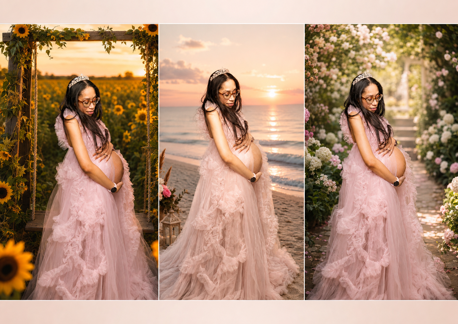 Pregnant woman in pink tulle gown poses in three maternity photos with sunflowers, beach sunset, and white floral arch.