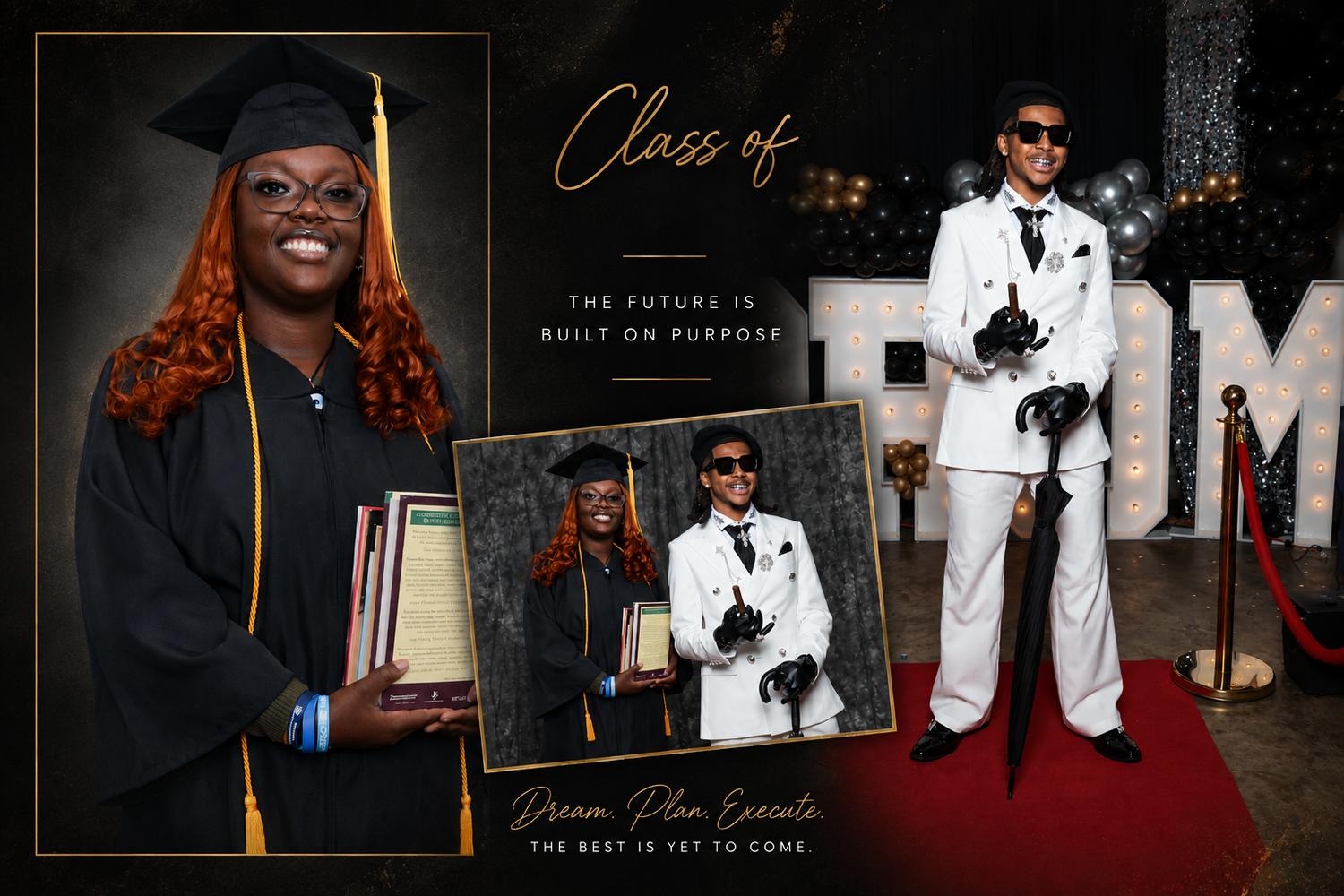 Class of graduation collage featuring students in cap and gown and formal prom attire on red carpet.