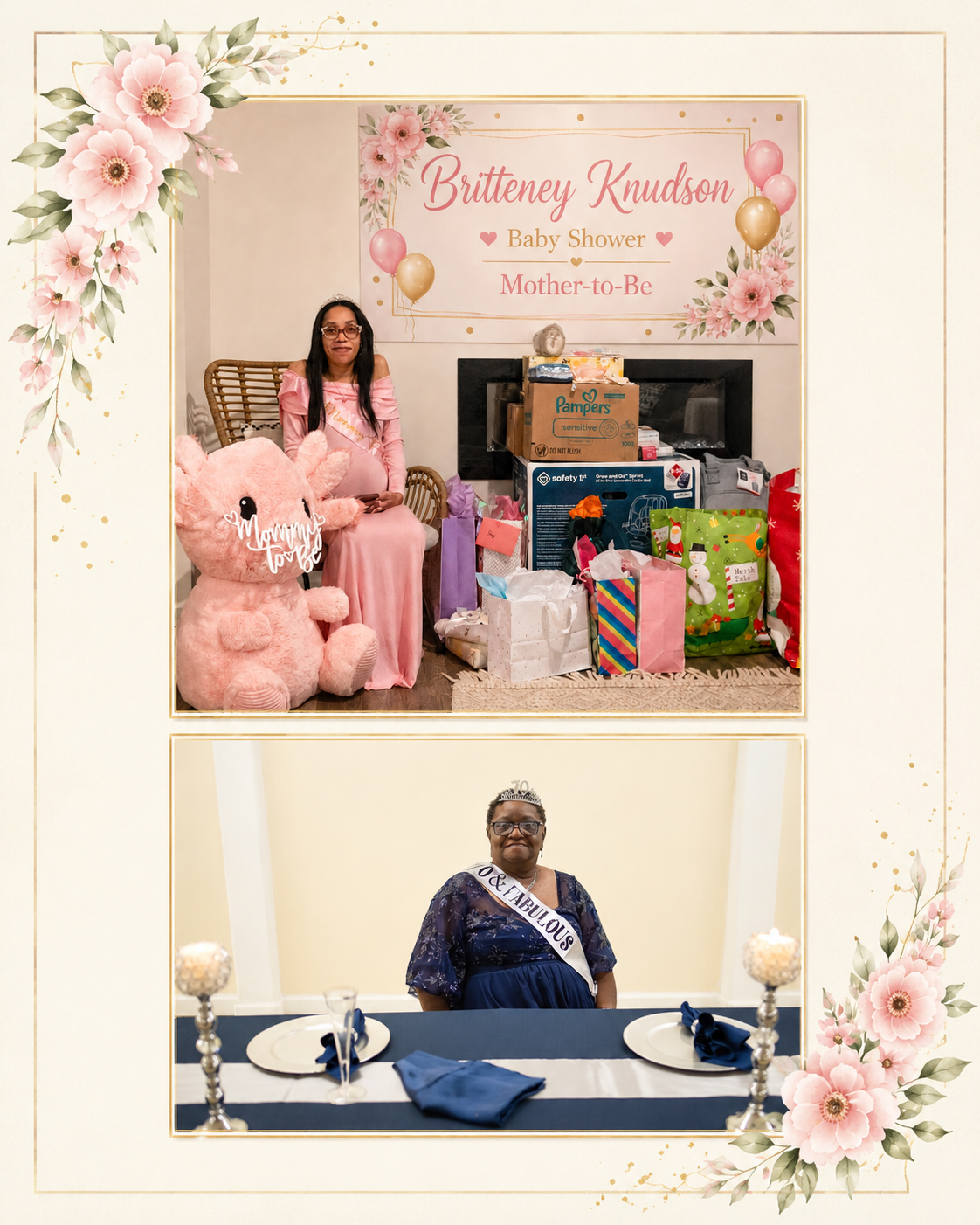 Decorative collage featuring a baby shower honoree with gifts and a birthday celebrant wearing a crown and sash.