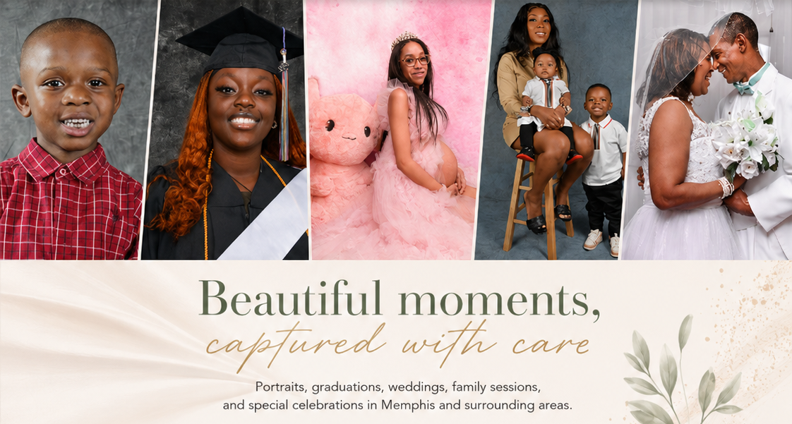 Collage of portrait photography including a child, graduate, pregnant woman, family, and couple in Memphis, TN.