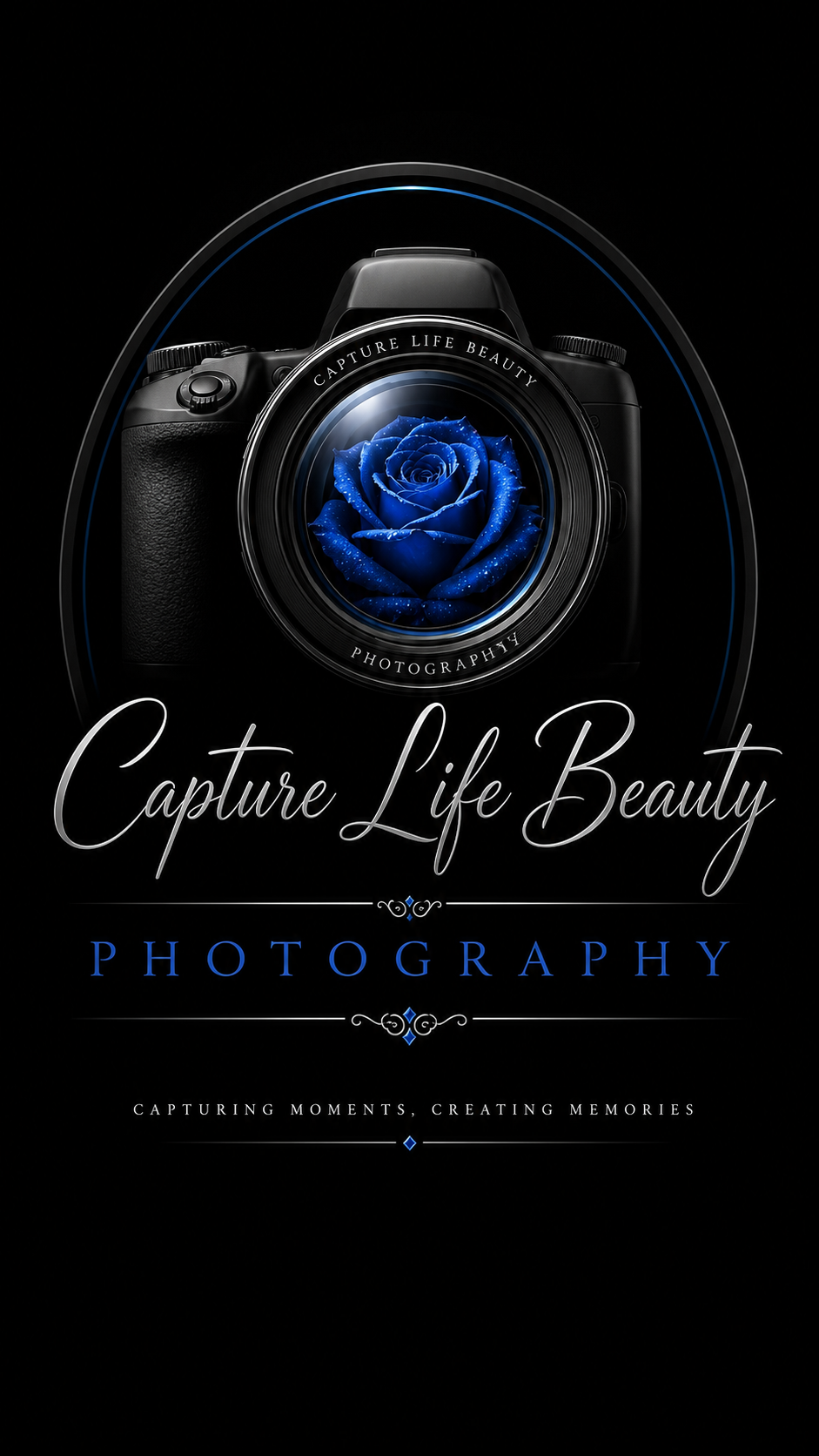 Elegant Capture Life Beauty Photography logo with a blue rose camera on a dark background.