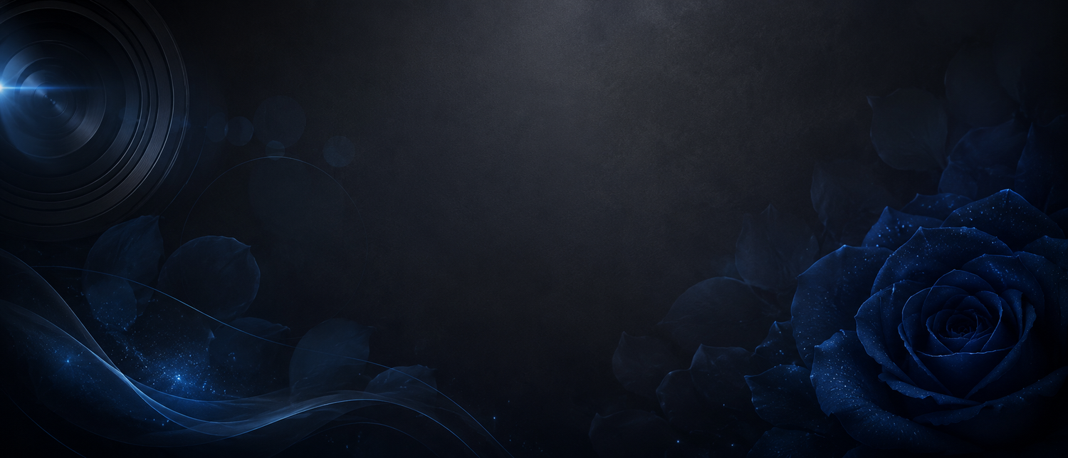 Dark blue artistic background with rose and light swirl design.