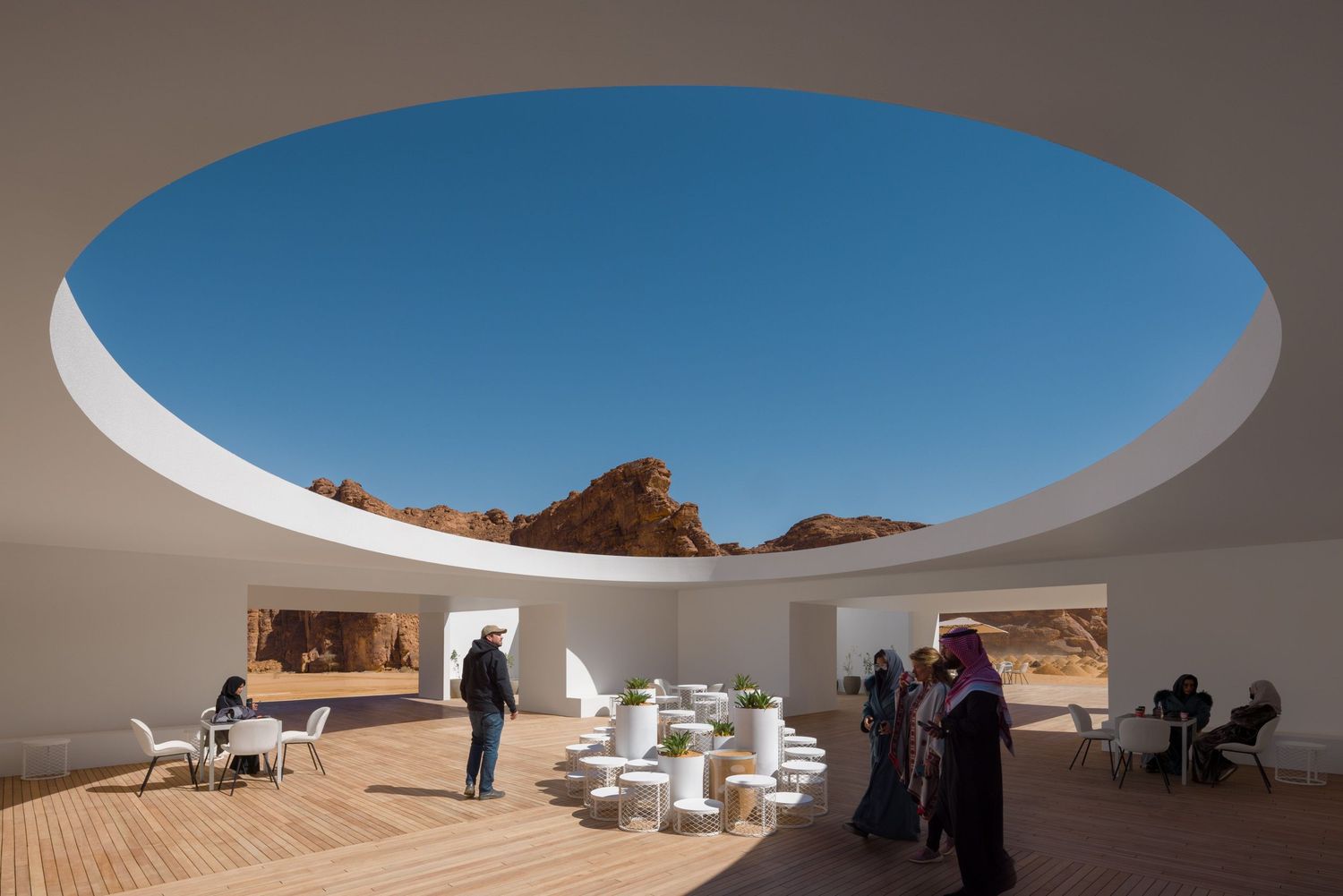 Wide angle view showing the full oculus of the Desert X AlUla 2022 visitor center by KWY.studio