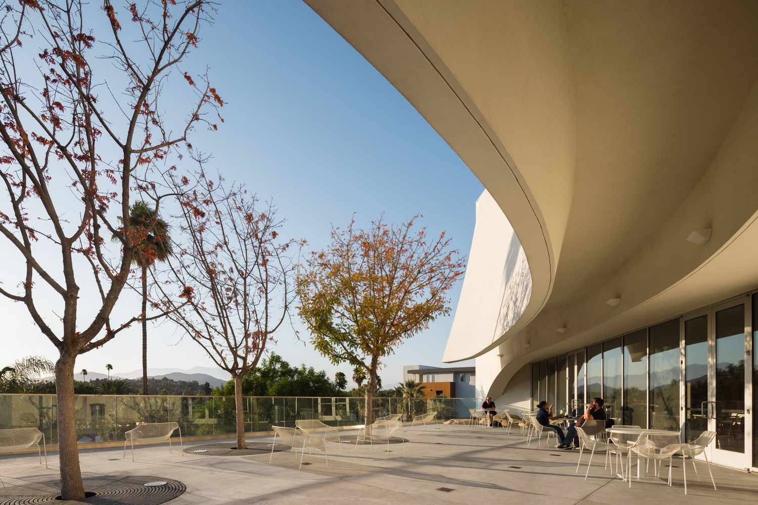 Sweeping architecture of the upper patio area of the Riverside Main Library