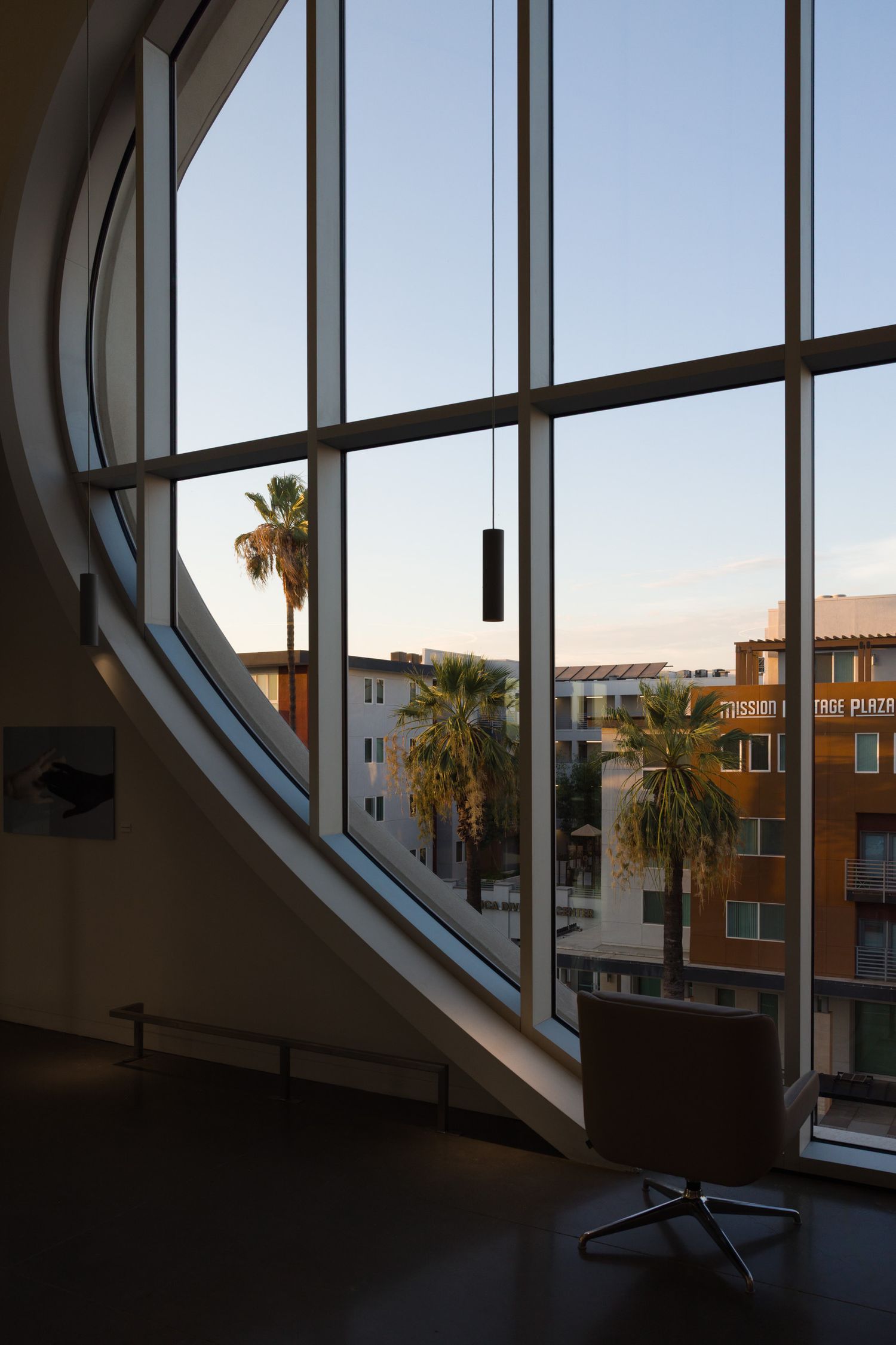 Detail of oblong shaped window from inside of the Riverside Main Library